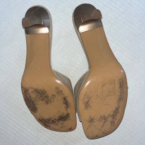 Chanel slide boho classic retro sandals heels Wheat color fabric silver logo 6.5 - Picture 12 of 15